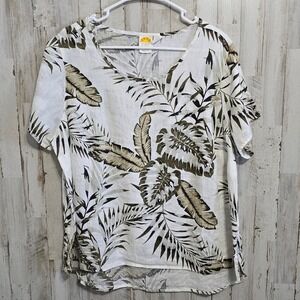 C & C California White Green Tropical Print 100% Linen Shorts & Blouse Set  1X